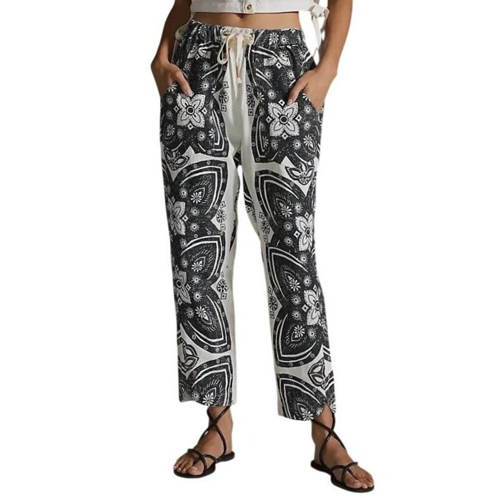 Anthropologie Pilcro Womens XL Linen Blend Surf Pants Black White Tattoo Floral